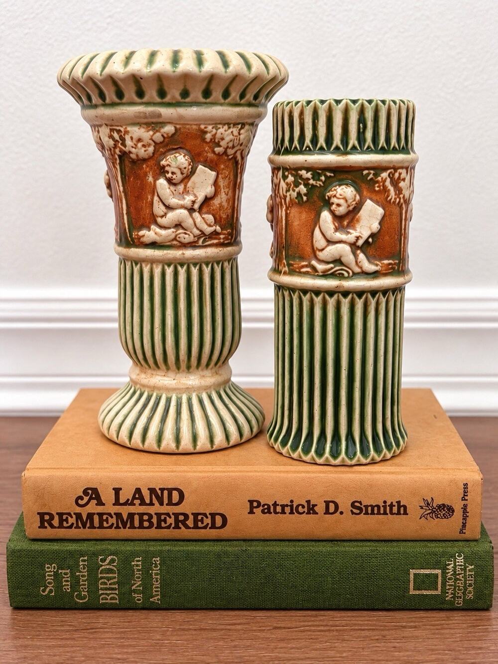 Antique Roseville Donatello Pottery Vases (2) Cherub Fluted Green Ivory 1915